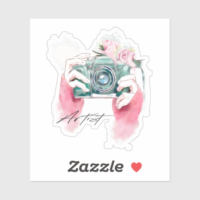 Watercolor Camera With Pink Flowers Sticker (Sheet)