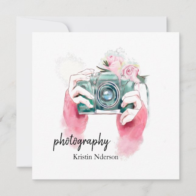 Watercolor Camera With Pink Invitation  (Front)