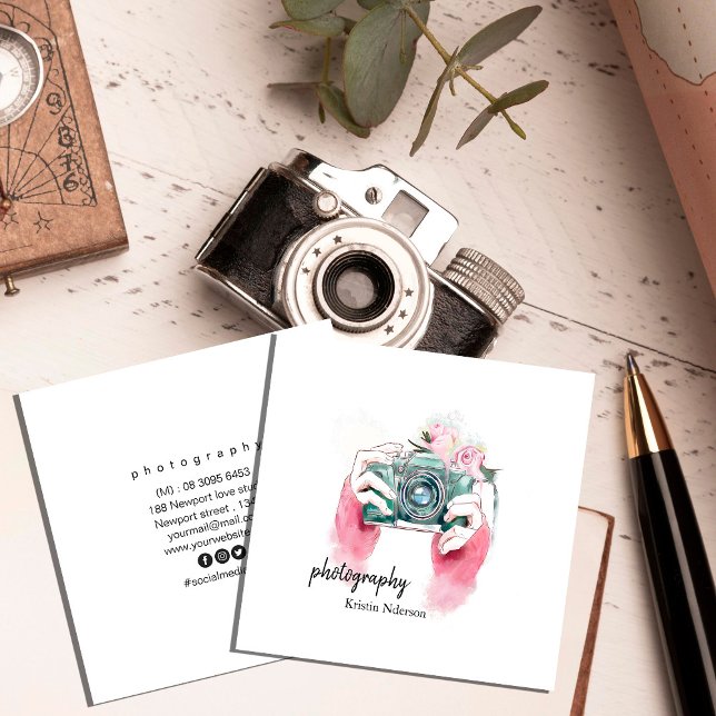 Watercolor Camera With Pink Square Business Card (Watercolor Camera With Pink Square Business Card #camerabusinesscard #watercolorcamera #abstract)