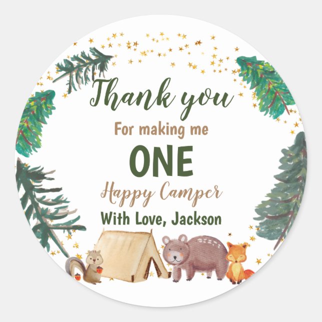 Watercolor Camper 1st birthday Thank You Sticker (Front)