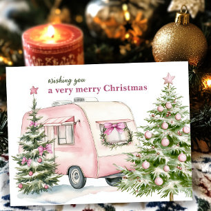 Watercolor Camper Trailer RV Pink Christmas Trees Holiday Postcard