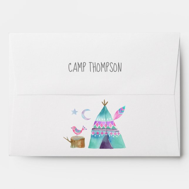 Watercolor Camping Birthday Party Envelope (Back (Top Flap))