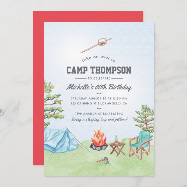 Watercolor Camping Birthday Party Invitation (Front/Back)