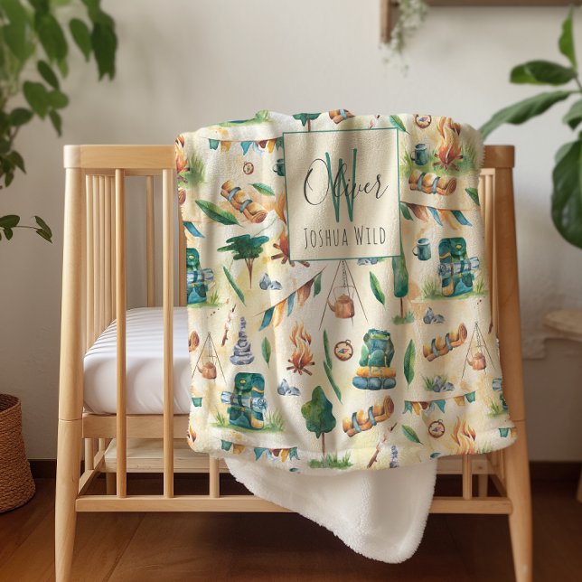 Watercolor Camping Illustrated Pattern Monogram Sherpa Blanket (Creator Uploaded)