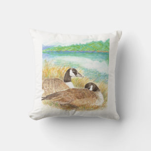 Watercolor Canada Geese Nesting Family Cushion