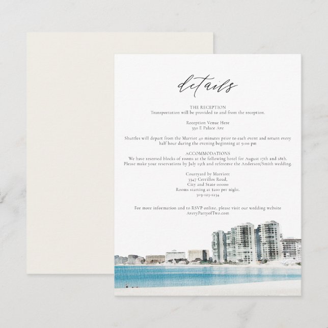 Watercolor Cancun Beach Wedding Details Card (Front/Back)