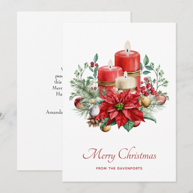 Watercolor Candles and Poinsettia Christmas Holiday Card (Front/Back)