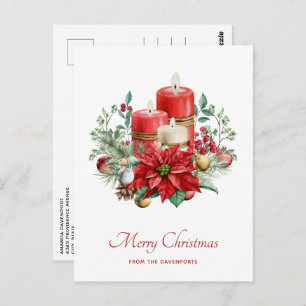 Watercolor Candles and Poinsettia Christmas Postcard
