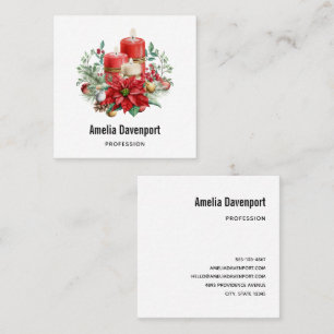 Watercolor Candles and Poinsettia Christmas Square Business Card