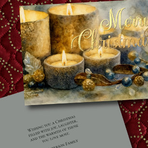 Watercolor Candles Berries Christmas Gold Card