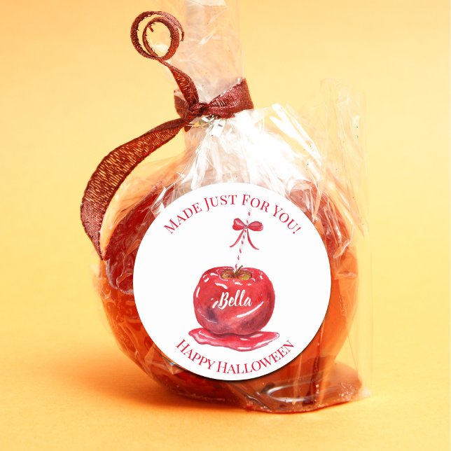 Watercolor Candy Apple Happy Halloween Classic Round Sticker (Add this beautiful watercolor with your child's name to make it extra special. )