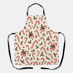 Watercolor Candy Cane and Holly Christmas Pattern Apron
