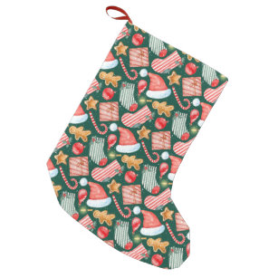 Watercolor candy cane gingerbread cookie pattern small christmas stocking
