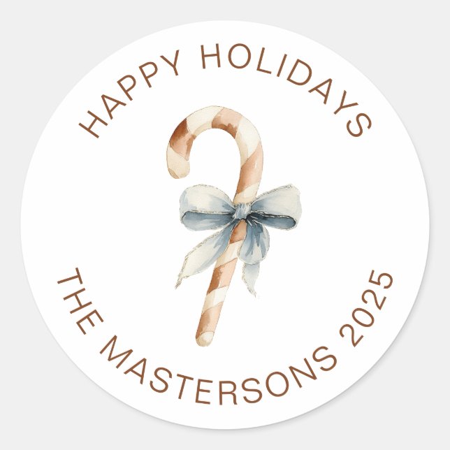Watercolor Candy Cane Holiday Greeting Classic Round Sticker (Front)