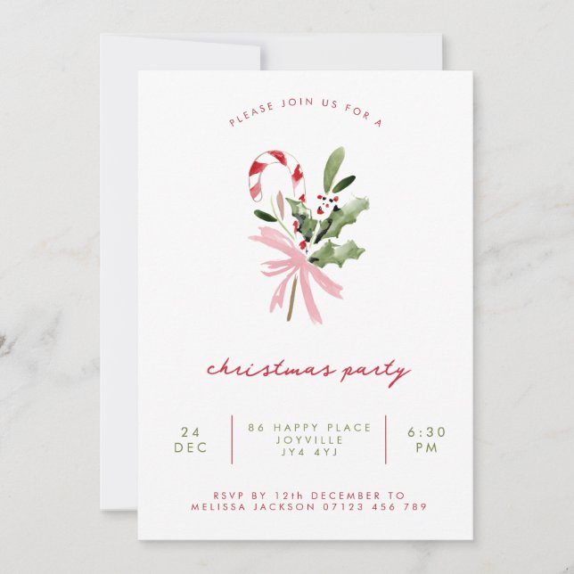 Watercolor Candy Cane Holly & Bow Christmas Party Invitation (Front)