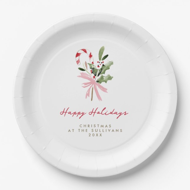 Watercolor Candy Cane Personalized Holiday Party Paper Plate (Front)