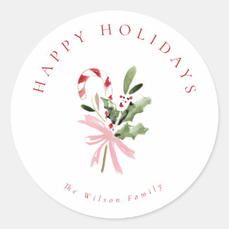 Watercolor Candy Cane & Pink Bow Holiday Classic Round Sticker
