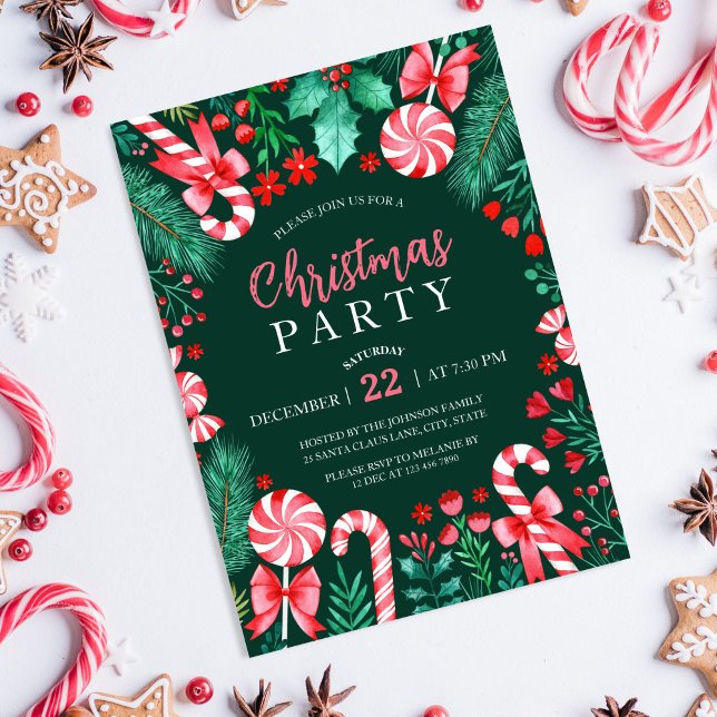Watercolor Candy Canes Peppermint Christmas Party Invitation (Watercolor Peppermint Candy Canes Christmas Party Invitation)
