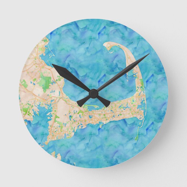 Watercolor Cape Cod Map Round Clock (Front)