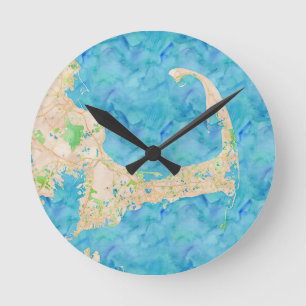 Watercolor Cape Cod Map Round Clock