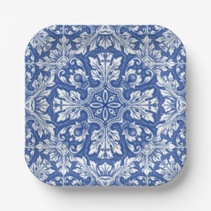 Watercolor Capri Maiolica Blue Portuguese Azulejos Paper Plate