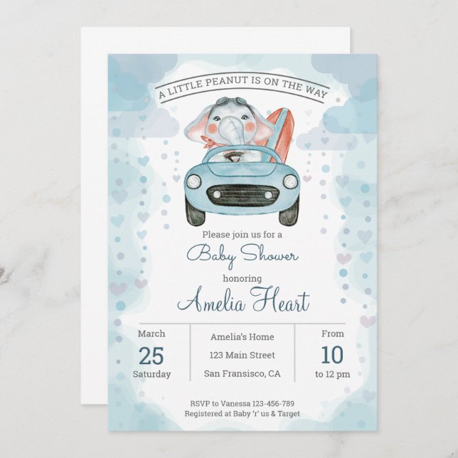 Watercolor car elephant   Baby Shower Invitation (Front/Back)