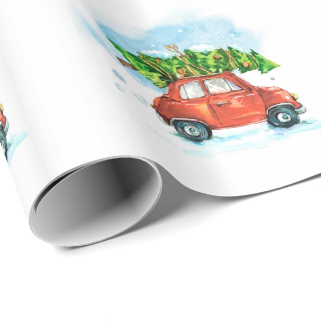 Watercolor Car with Christmas tree Wrapping Paper (Roll Corner)