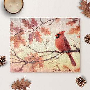 Watercolor Cardinal and Autumn Leaves Jigsaw Puzzle