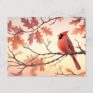 Watercolor Cardinal and Autumn Leaves Postcard