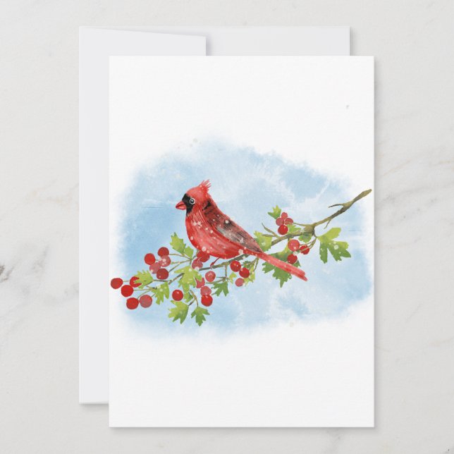 Watercolor Cardinal Bird on Berry Branch Invitation (Front)
