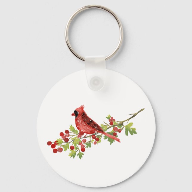 Watercolor Cardinal Bird on Berry Branch Key Ring (Front)
