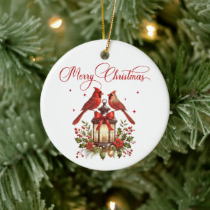 Watercolor Cardinal Birds on Christmas Lantern Ceramic Ornament