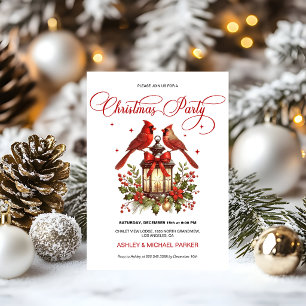 Watercolor Cardinal Birds on Christmas Lantern Invitation
