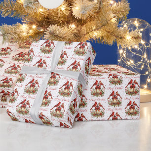 Watercolor Cardinal Birds on Christmas Lantern Wrapping Paper
