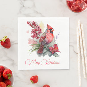 Watercolor Cardinal Christmas  Napkin