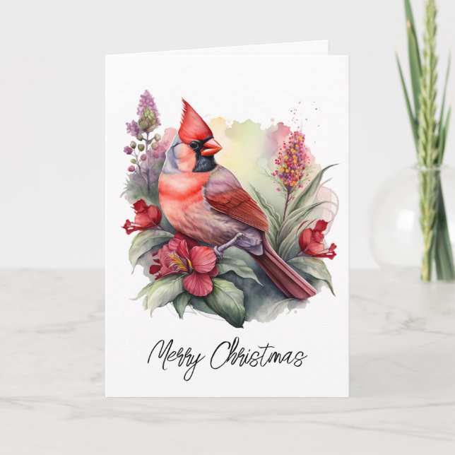 Watercolor Cardinal Christmas Tree Card (Front)