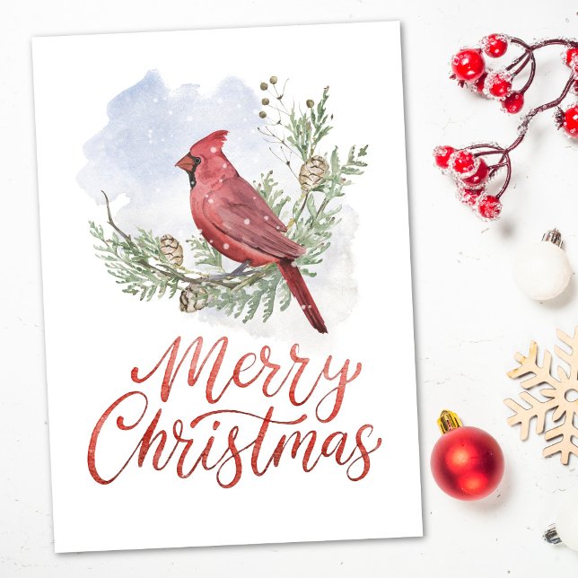 Watercolor Cardinal Conifers Snow Christmas Holiday Card (Creator Uploaded)