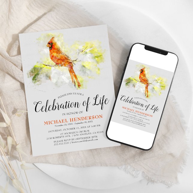 Watercolor Cardinal Funeral Celebration of Life Invitation (Creator Uploaded)