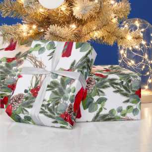 Watercolor Cardinal Holly Berries Christmas Art Wrapping Paper