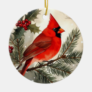 Watercolor Cardinal on Pine Branch Christmas Round Ceramic Ornament