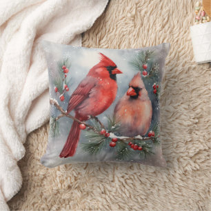 Watercolor Cardinal Pair Holly Cushion