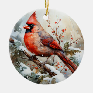 Watercolor Cardinal Personal Memorial Christmas Ceramic Ornament