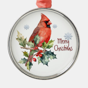 Watercolor Cardinal Red Bird Winter Forest  Metal Ornament