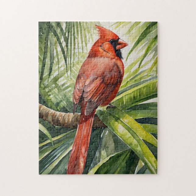 Watercolor Cardinal Tropical Tree Jigsaw Puzzle (Vertical)