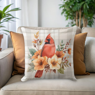 Watercolor Cardinal with Fall Flowers & Plaid Cushion