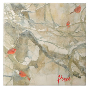 Watercolor Cardinals in the Snow Ceramic Tile