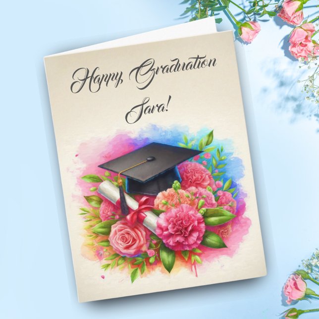 Watercolor Carnations & Roses With Graduation Cap Card (Time to celebrate with this beautiful graduation card!)