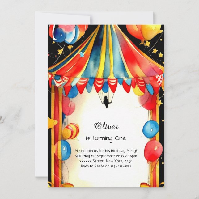 Watercolor Carnival Circus 1st Birthday Invitation (Front)