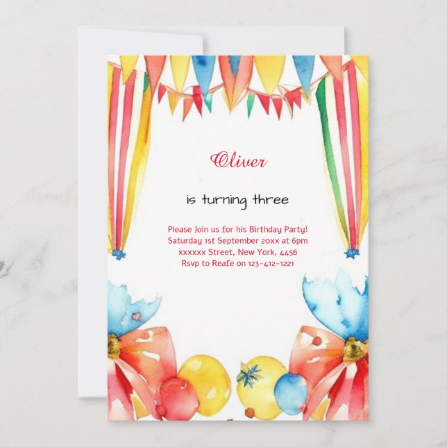 Watercolor Carnival Circus Birthday Invitation (Front)