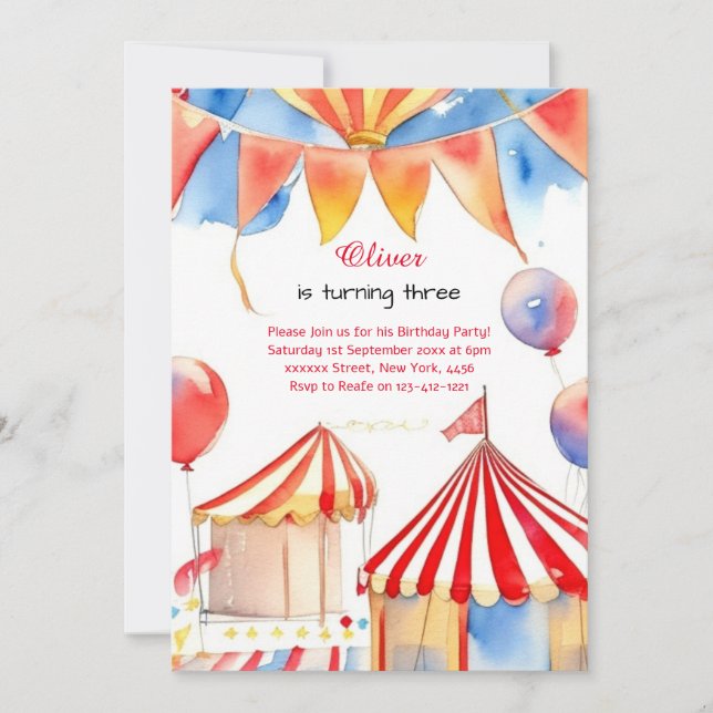 Watercolor Carnival Circus Birthday Invitation (Front)
